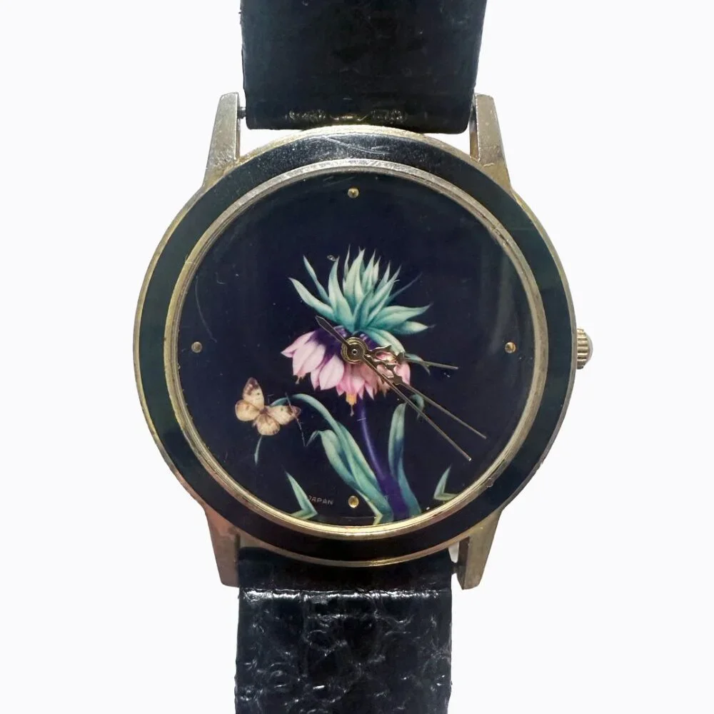 Vintage Harley's Black Lotus Watch Floral Leather Gold Tone Stylish Classic Rare